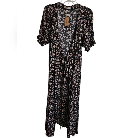 Natural Life Womens Small Duster Robe Dark Floral Rayon Cottagecore Boho Festive - Picture 3 of 6